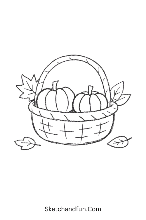 Pumpkin basket drawing with mini pumpkins and autumn leaves