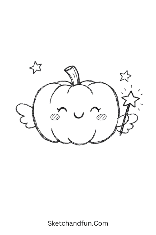 Cute pumpkin fairy drawing with tiny wings and a star wand