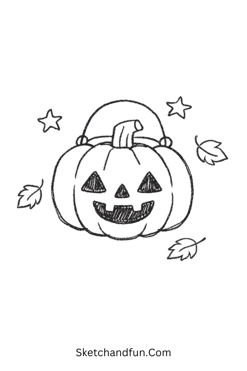Pumpkin Lantern Drawing with a cute face, stars, and leaves