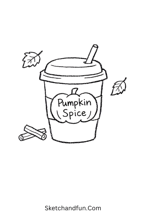 Pumpkin spice cup drawing with cinnamon sticks and autumn leaves