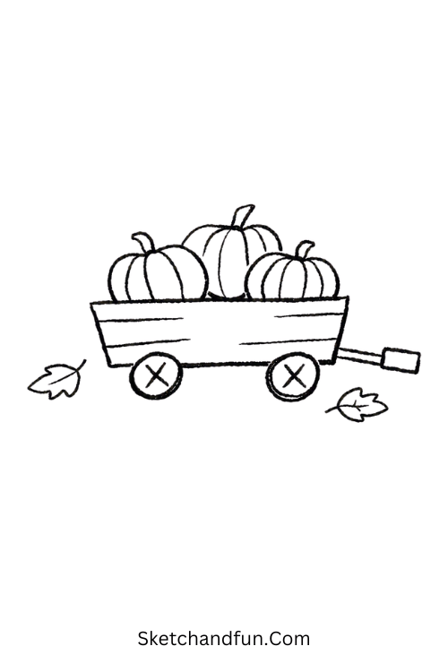 Pumpkin wagon drawing with three pumpkins and fallen leaves