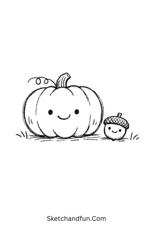 Cute pumpkin drawing with a tiny smiling acorn friend
