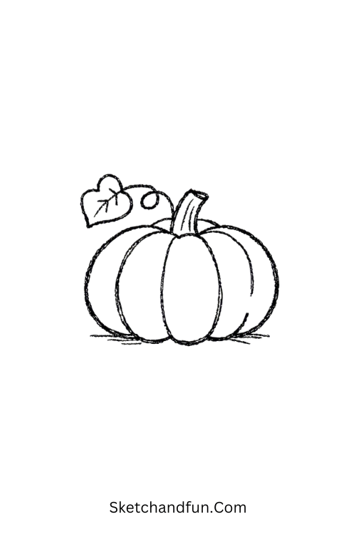Simple pumpkin drawing with a leafy stem and autumn leaves