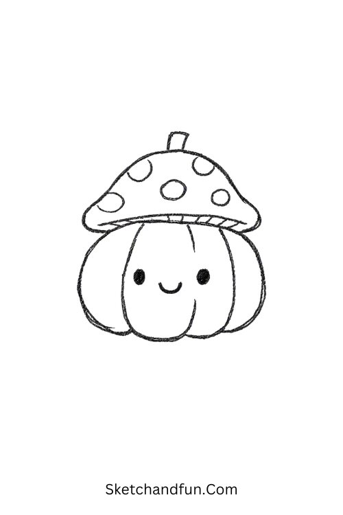 Whimsical pumpkin drawing wearing a tiny mushroom hat