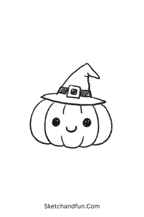 Cute pumpkin drawing with a tiny witch hat for Halloween
