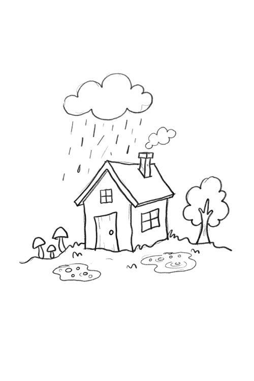 Rainy Cottage Landscape Drawing