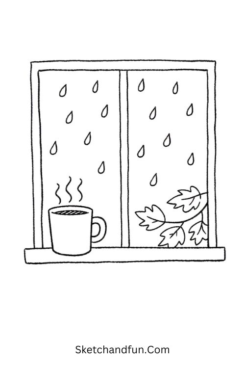 Rainy fall window drawing with a steaming mug and leaves