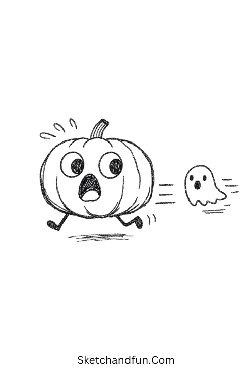 Scared pumpkin with tiny legs drawing and a cute frightened expression