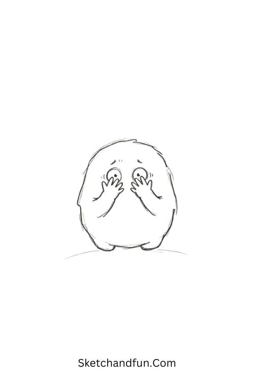 Shy monster Halloween drawing hiding behind its tiny hands