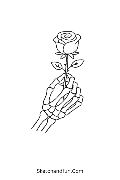 Skeleton hand holding a rose drawing with a spooky romantic theme