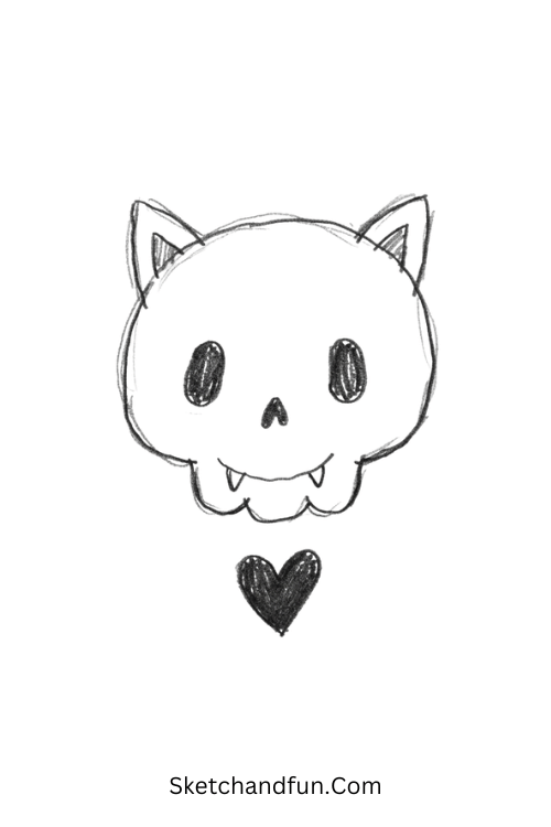 Skull With Cat Ears Drawing with cute fangs