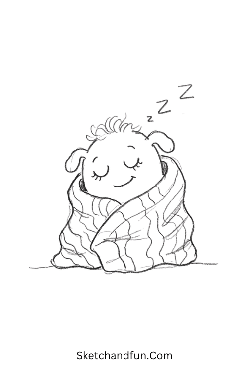 Sleepy monster Halloween drawing curled under a tiny blanket