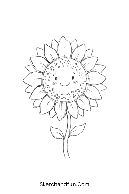 Smiling sunflower Zen doodle with patterned petals and dots