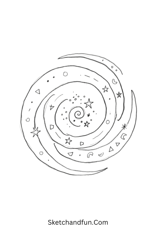 Spiral galaxy Zentangle tile with swirling curves, stars, dots, rings, spirals, and geometric space-inspired patterns