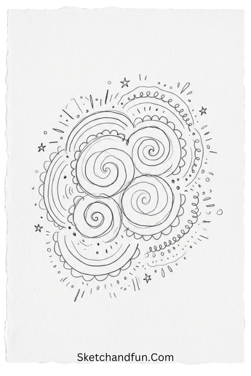 Spiral shell universe Zentangle abstract art drawing with swirling shells, scallops, dots, and intricate lines