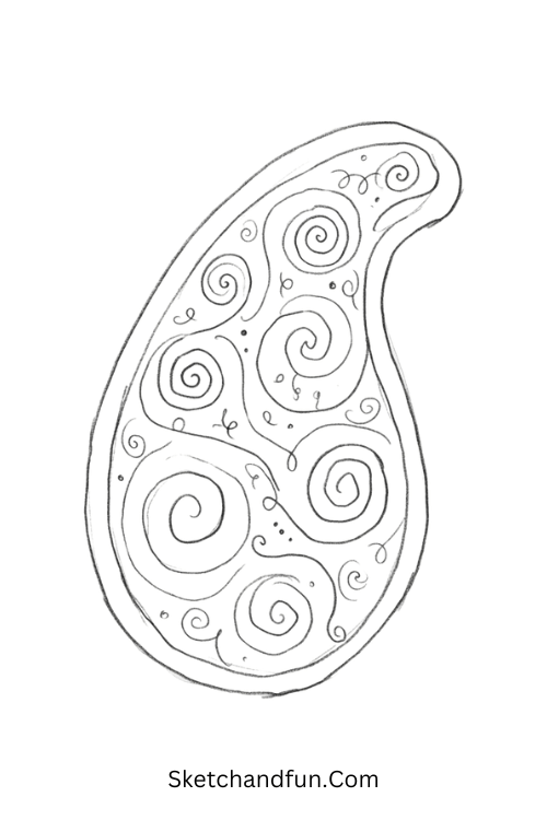Spiral swirl Zentangle paisley pattern with flowing curves, spirals, loops, and tiny dots