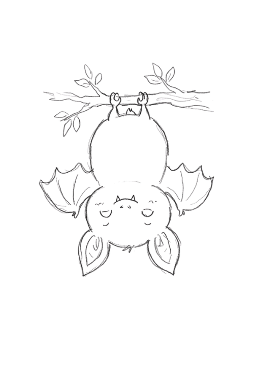 Spooky bat drawing with tiny fangs and sleepy eyes
