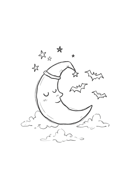 Spooky moon doodle drawing with stars, bats, and clouds