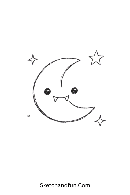 Spooky moon with fangs drawing featuring a cute vampire moon