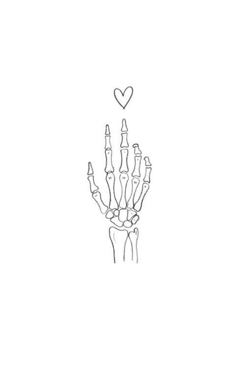 Spooky skeleton hand drawing with a tiny heart