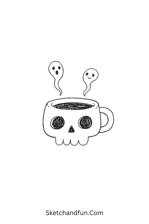 Spooky skull mug drawing with cute skull face and ghostly steam
