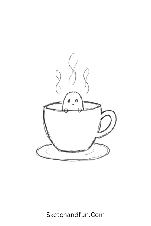 Spooky tea cup with ghost dark doodle drawing