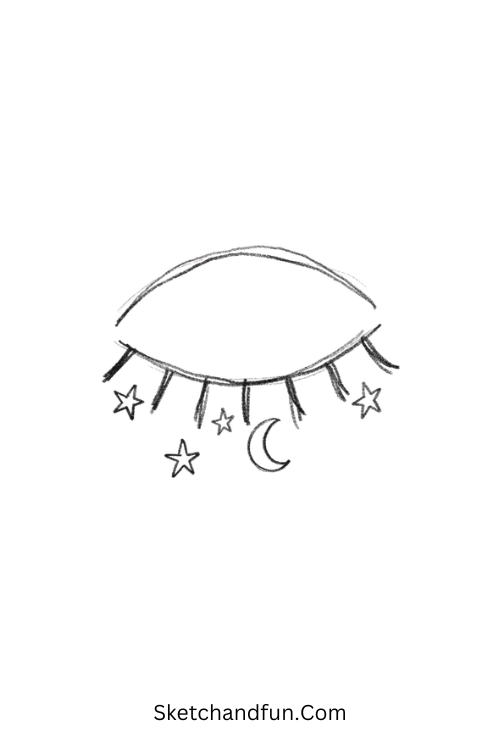 Starry eye with crescent moon dark doodle drawing