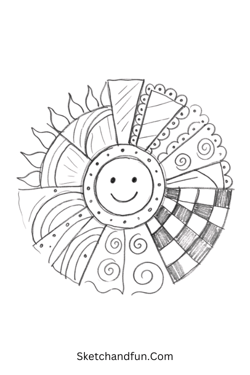 Sunburst Zentangle tile with a central sun, radiating rays, spirals, dots, scallops, and geometric patterns