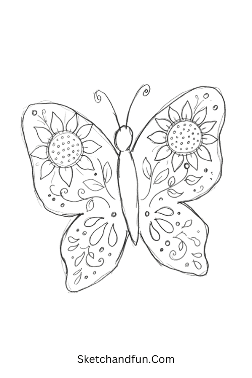 Sunflower Zentangle butterfly with petals, leaves, seed patterns, and intricate floral wing details