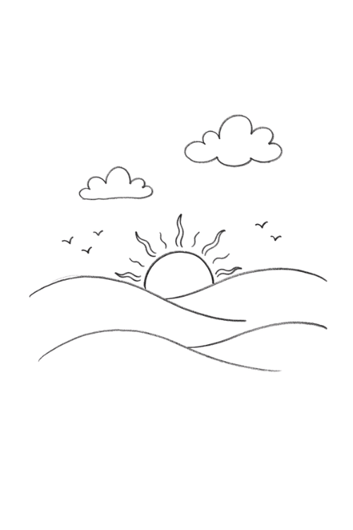 Sunset Over Rolling Hills Drawing