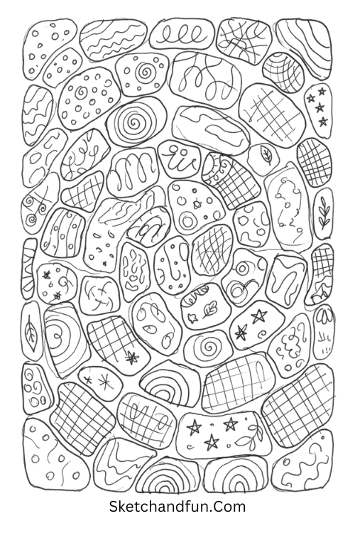 Swirling pebble mosaic Zentangle abstract art drawing with organic pebble shapes and intricate repeating patterns