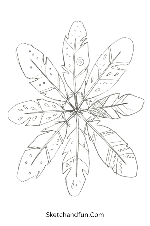 Tangled feather burst Zentangle abstract art drawing with layered feathers, curls, dots, and teardrop patterns