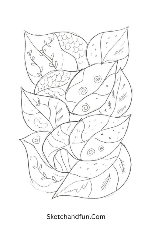 Tangled leaf labyrinth Zentangle abstract art drawing with overlapping leaves, spirals, vines, and textures