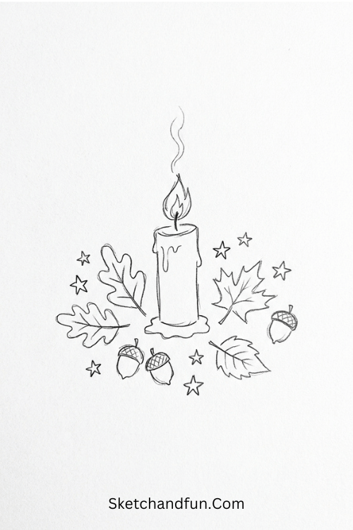 Thanksgiving candle with autumn leaves drawing