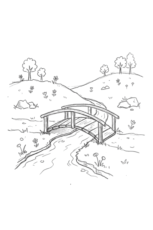 Tiny Bridge Over a Stream Drawing