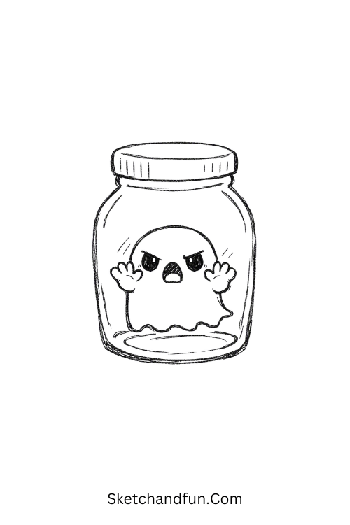 Tiny ghost in a jar scary drawing with cute spooky expression
