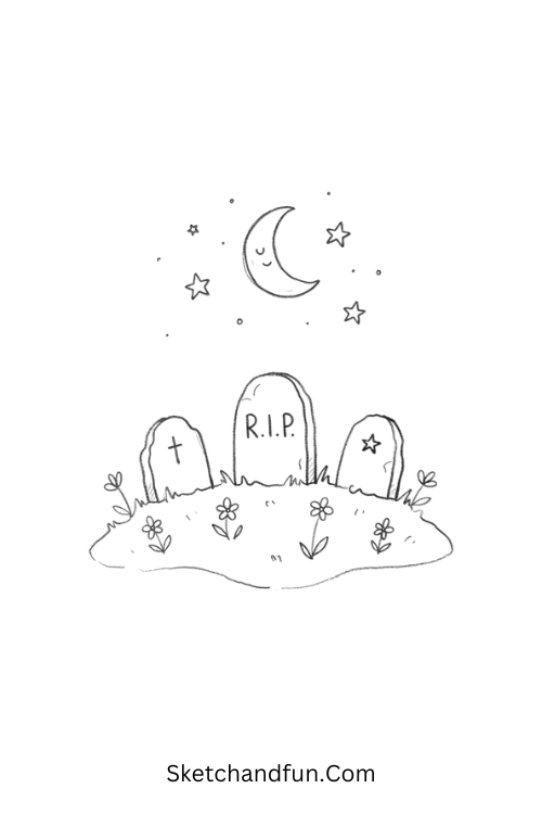 Tiny graveyard under crescent moon dark doodle drawing