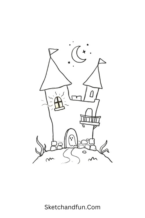 Tiny Haunted Castle Drawing under a crescent moon
