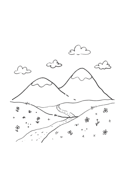 Tiny Mountain Valley Landscape Drawing 1