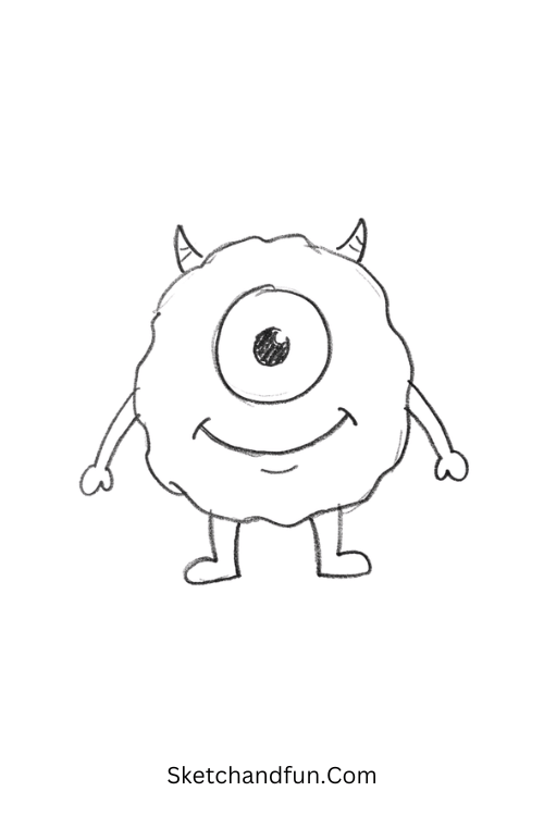 Tiny one-eyed monster Halloween drawing with horns and a silly smile