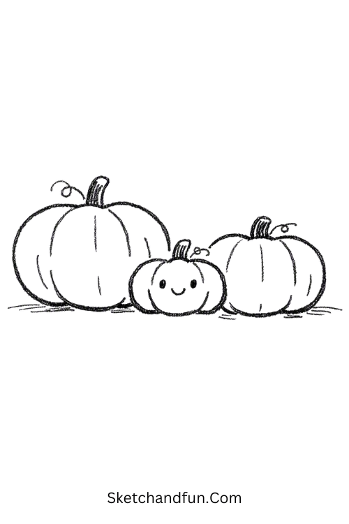 Cute pumpkin family drawing with three pumpkins in different sizes