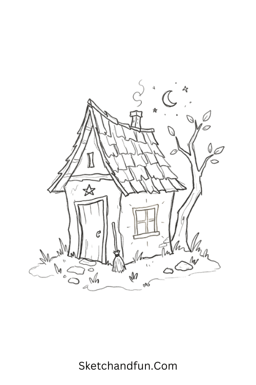 Tiny Witch House Drawing with a crooked roof and glowing window