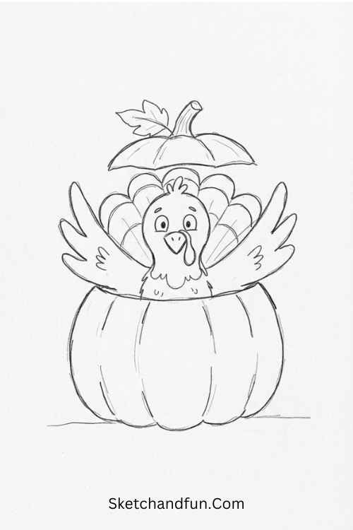 Turkey inside a pumpkin Thanksgiving drawing