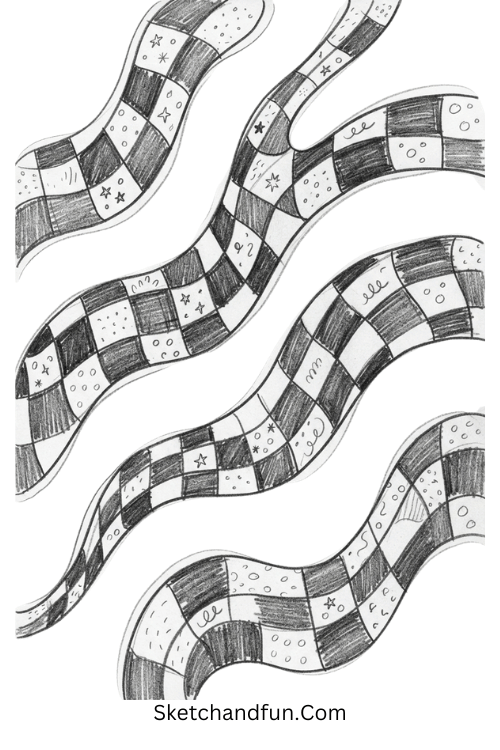 Wavy checkerboard flow Zentangle abstract art drawing with curved bands and geometric checkerboard patterns