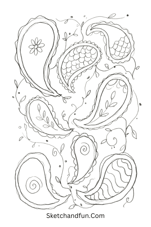 Paisley garden Zentangle tile with overlapping paisleys, flowers, leaves, spirals, scales, and decorative vines