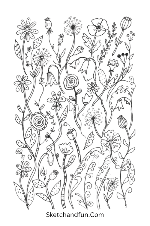 Wildflower meadow Zentangle tile with detailed flowers, leaves, stems, seed heads, grasses, and repeating patterns