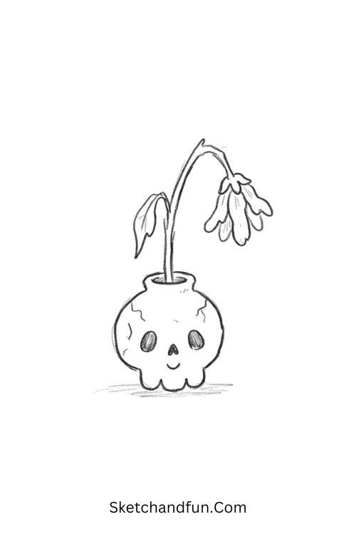Wilted flower in skull vase dark doodle drawing
