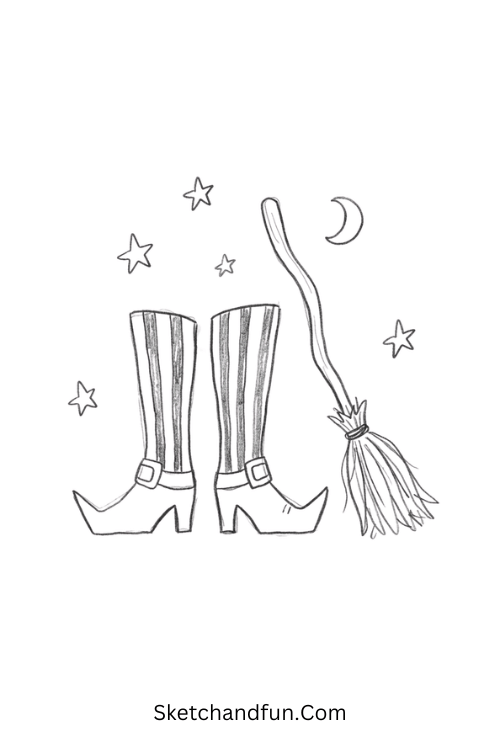 Witch Boots and Broom Drawing with stars and a tiny witch hat