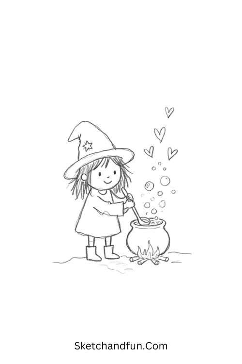 Witch Brewing Potion Drawing beside a bubbling magical cauldron
