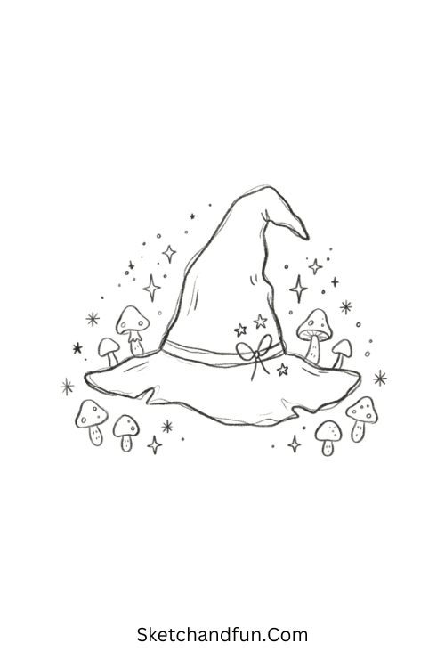 Witch Hat with Mushrooms Drawing surrounded by stars and tiny mushrooms